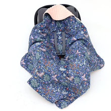 Load image into Gallery viewer, Little Love car seat blanket navy and pink wildflower