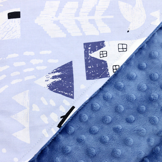 Winter Navy car seat blanket for a 3-point harness, close-up of the patterned cotton and blue minky fabrics