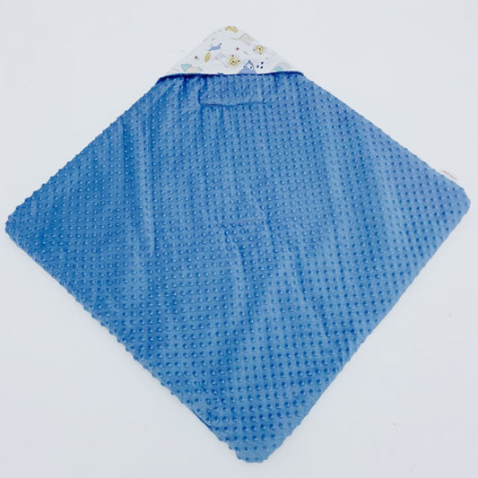 The Wild One car seat blanket for a 3-point harness, blue minky fleece side laid flat