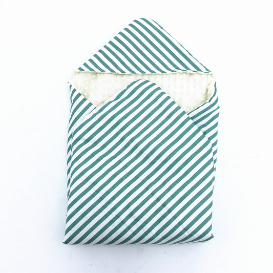 Green Candy Stripes car seat blanket for a 3-point harness, patterned side out, folded with the cream minky hood