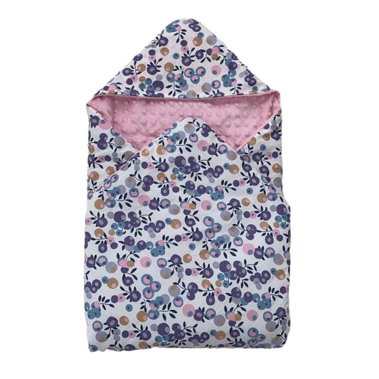 Navy Berry car seat blanket for a 3-point harness, patterned side out, folded with the pink minky hood