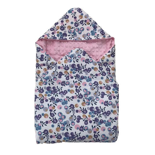 Navy Berry car seat blanket for a 5-point harness, patterned side out, folded with the pink minky hood