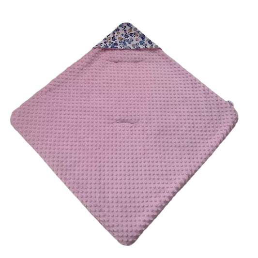 Navy Berry car seat blanket for a 3-point harness, pink minky fleece side laid flat