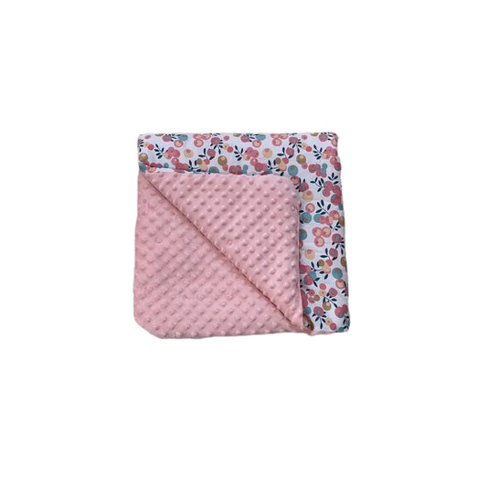 Berry car seat blanket for a 5-point harness, folded to show the patterned cotton and pink minky sides