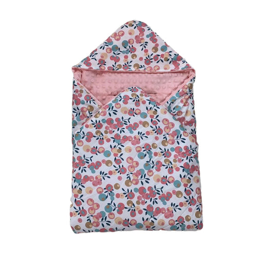Berry car seat blanket for a 5-point harness, patterned side out, folded with the pink minky hood
