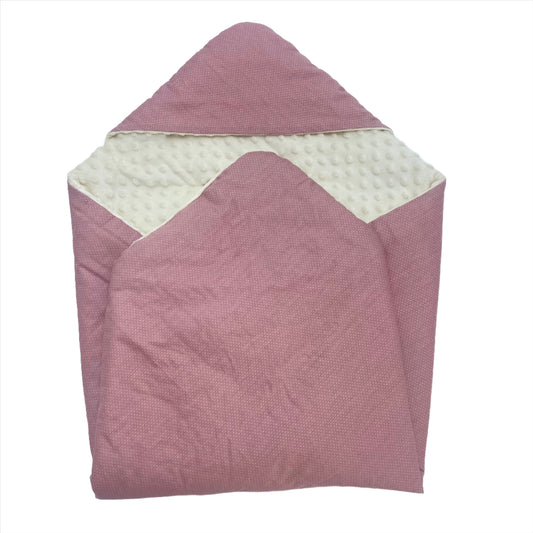Pink Spot car seat blanket for a 3-point harness, patterned side out, folded with the cream minky hood