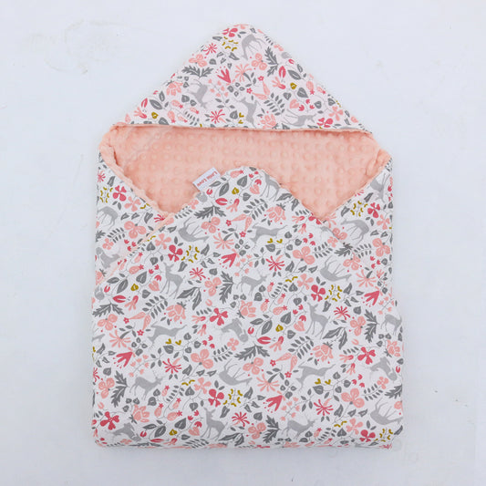 Little Deer car seat blanket for a 3-point harness, patterned side out, folded with the peach minky hood